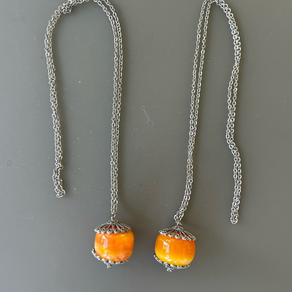 Vintage Moroccan Copal Necklaces on Silver Chains 18" Lot of 2 Tassels 1970s